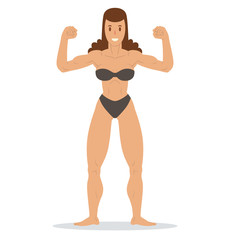 Wall Mural - Vector cartoon image of a muscular woman with brown wavy hair in a black swimsuit standing in a pose of bodybuilder and smiling on a white background. Sports, bodybuilding coach. Vector illustration.