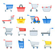 © Vectorwonderland - Shopping cart vector shop pushcart trolley shopper or carter with empty basket and bag buy in store illustration isolated on white background