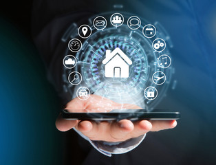 Poster - home button of a technology interface surrounded by application - technology app concept