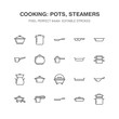 Pot, pan and steamer line icons. Restaurant professional equipment signs. Kitchen utensil - wok, saucepan, eathernware dish. Thin linear signs for commercial cooking store. Pixel perfect 64x64.