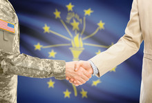 USA Military Man In Uniform And Civil Man In Suit Shaking Hands With Certain USA State Flag On Background - Indiana