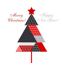 Christmas Tree In Patchwork Style. Vector Illustration For Xmas Card, Invitation, Surface Design. Cute Winter Celebration Element In Red And Black Color.