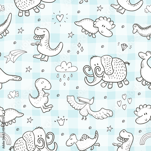 Stoffe zum Nähen Niedliche Musterdesign mit lustige Dinosaurier. Vektor-Illustration.