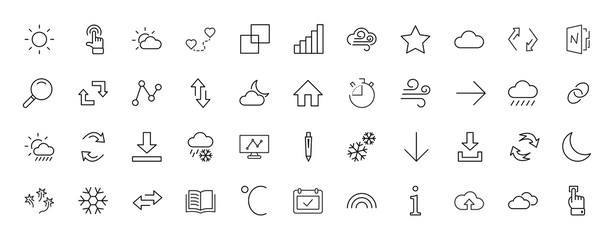 Poster - Set of weather vector line icons. Contains symbols of the sun, clouds, snowflakes, wind, rainbow, moon and much more. Editable move. 32x32 pixels.