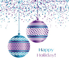 Christmas Bauble Decoration In Violet And Turquoise Color. Vector Illustration With New Year Balls For Xmas Card, Invitation, Surface Design. Luxury Gold And Purple Ornament Elements.