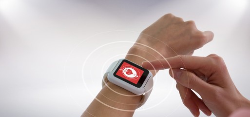 Poster - Composite image of cropped image of hands using smart watch