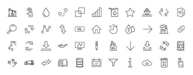 Set of Oil Related Vector Line Icons. Contains such Icons as Fuel Truck, Gas Station, Oil Factory, Transportation and more. Editable Stroke. 32x32 Pixel Perfect.