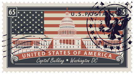 Wall Mural - Vector Postage stamp with inscriptions and the image of the USA Capitol in Washington DC. Vector illustration Capitol Building in Washington on the background of american flag