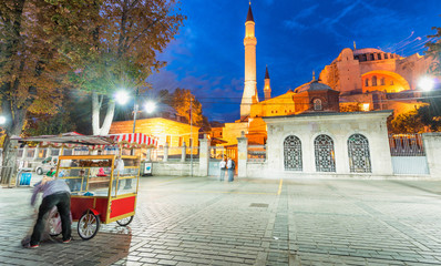 Poster - ISTANBUL - OCTOBER 23, 2014: Tourists in Sultanahmet Square at night. The city attracts 20 million tourists every year