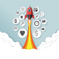 Aufkleber - Rocket launch.With start up business concept paper art style.Vector illustration.