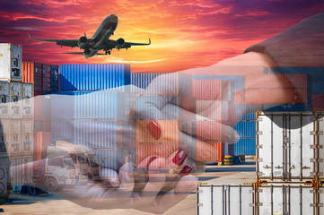 Wall Mural -  Double exposure business hands shaking with containers box with truck for Logistic Import Export. International business cooperation concept.