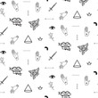 Doodle hipster flash tattoo style seamless vector pattern. Simple outline black and white line style background.