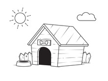 Dog House In The Backyard Outline Black And White Drawing For Coloring Pages Vector Illustration