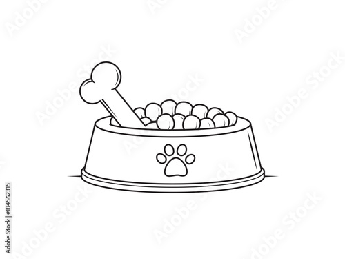 Bowl with dog food vector illustration drawn in black and white line