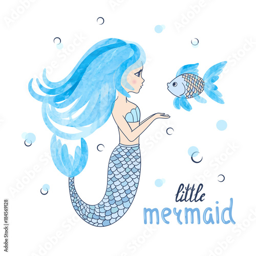Beautiful cartoon little Mermaid with fish. Vector illustration. Poster