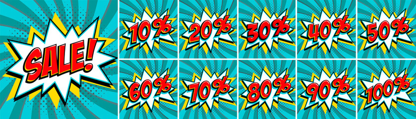 Wall Mural - Big turquoise color sale set. Sale inscription and all percent numbers. turquoise and red colors. Pop-art comics style web banners, flash animation, stickers, tags.