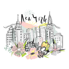 Beautiful New York skyscrapers, skyline with floral, flowers bouquet and fireworks. Hand drawn, vector watercolor, vintage style drawing