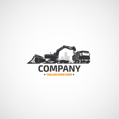 Wall Mural - Vector working construction excavator and truck.