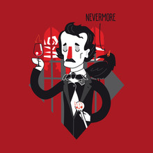 Edgar Allan Poe With Wine And The Raven. Creative Vector Illustration In Unique Author Style.