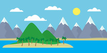 Mountain Cartoon View Of An Island In The Sea With Green Hills, Trees And Gray Mountains With Peaks Under Snow Under A Blue Day Sky With Clouds With A Straight Horizon