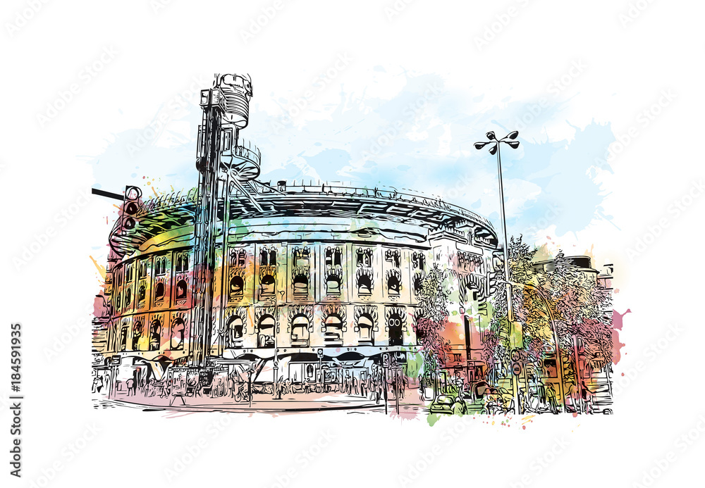Watercolor painting with splash and sketch of Barcelona Spain in vector ...