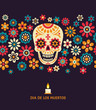 © nadzeya26 - Dia de los muertos. Day of The Dead vector poster with smiling sugar festive skull, surrounded by colorful flowers, isolated on dark background.