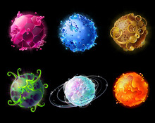 Color Fantasy Space Planet, Vector Cartoon Icons Isolated On Black Background. Cosmic Elements For Game Design, Fire, Snow, Mechanical, Planet Of Soap Bubbles, Crystals, Planet Of Plants