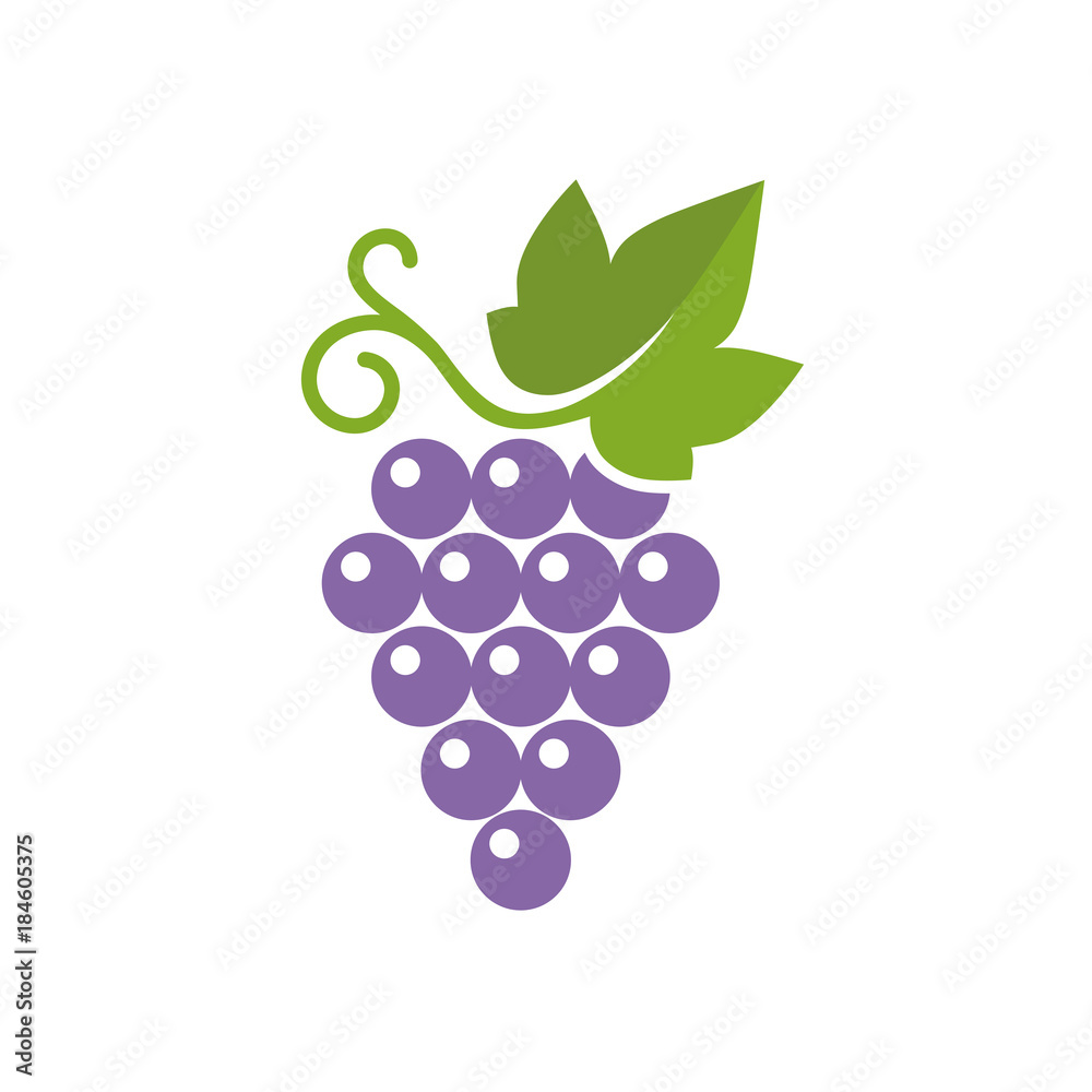 Grapes icon. Vector illustration of simple color grape with leaf, isolated on white. - obrazy, fototapety, plakaty 
