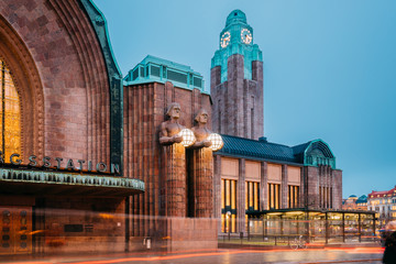 Wall Mural - Helsinki, Finland. Night View Of Statues On Entrance To Helsinki