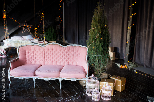 Pink Sofa In Stylish Loft Interior With Black Walls