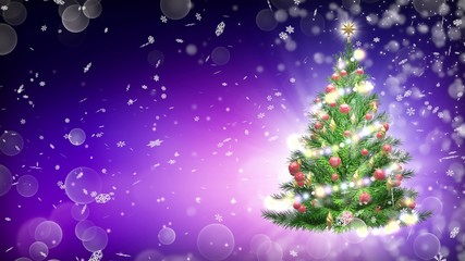 Wall Mural - Green Christmas tree over purple background with snowflakes and red balls