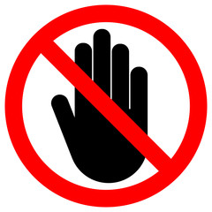 Sticker - NO ENTRY sign. LEFT hand palm. STOP icon in crossed out red circle. Vector.