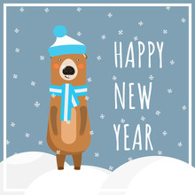 Winter Holidays Greeting Card With Cute European Brown Bear. Happy New Year Or Merry Christmas Square Banner With Cartoon Bear Character, Kids Celebrating Background