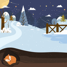 Let It Snow. Fox Sleeping In A Hole. Holiday Background.