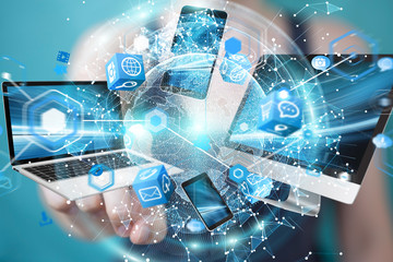 Poster - Tech devices connected to each other by businesswoman 3D rendering