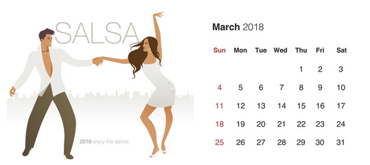 2018 Dance Calendar. March. Salsa. Young couple dancing salsa and city background