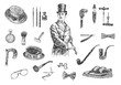 © amorroz - Victorian Era Collection, Gentleman's vintage accessories doodle collection. Hand drawn men illustrations set. Gentlemen in a tuxedo and a top hat. Vintage vector engraving style