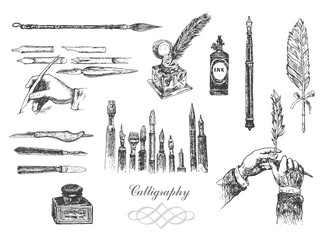 Vintage Hand drawn hands writing with a feather pen. Vector set, engraving style. Inkwell, writing and calligraphical tools, penknives, calligraphic brush, envelope, wafer, stylus, pens, ink bottle