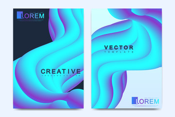 Poster - Modern vector template for bi fold brochure, leaflet, flyer, cover, catalog, magazine or annual report in A4 size. Abstract background with fluid multicolored waves. Futuristic trendy design