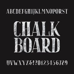 Poster - chalk board alphabet font. hand drawn type letters and numbers on a dark background. stock vector ty