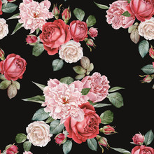 Floral Seamless Pattern With Watercolor Red Roses And Peonies