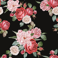 Floral seamless pattern with watercolor red roses and peonies