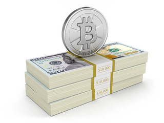 Poster - Pile of Dollars and Bitcoin. Image with clipping path