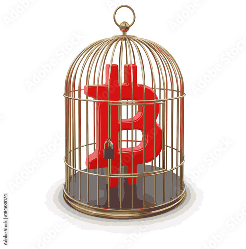 Fotografie, Obraz Gold Cage with Bitcoin sign. Image with clipping path