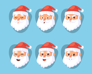 Wall Mural - Christmas Santa Claus head emotion faces vector expression character poses illustration emojji Xmas man in red traditional costume and Santa hat