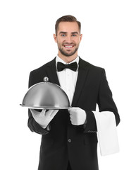 Canvas Print - Waiter with metal tray and cloche on white background