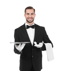 Canvas Print - Waiter with metal tray on white background