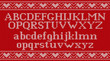 Knitted font. Christmas knit Latin alphabet on seamless pattern. Nordic Fair Isle knitting background. Sweater Xmas Valentine winter design with heats. Vector graphics.