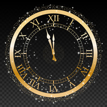 Gold New Year Clock On A Transparent Background Vector