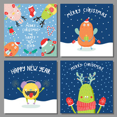 Set of hand drawn Christmas greeting cards templates with cute funny cartoon monsters in Santa hats, with deer antlers, with quotes, snow. Vector illustration. Design concept kids, winter holidays.